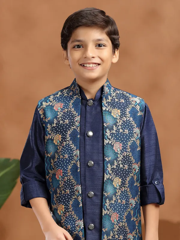 Rama blue raw silk zari weaving waistcoat set