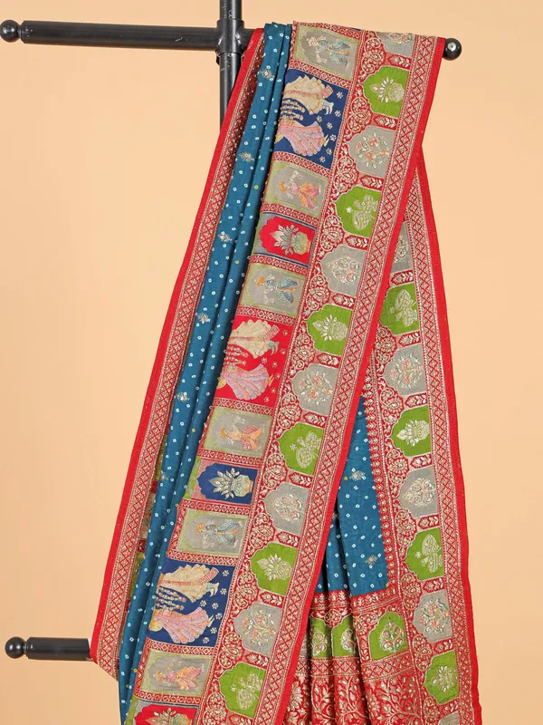 Rama blue saree in cotton silk with contrast red border