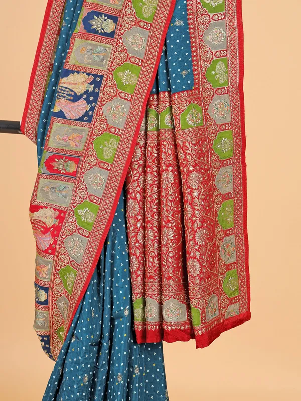 Rama blue saree in cotton silk with contrast red border