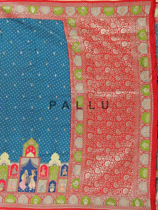 Rama blue saree in cotton silk with contrast red border