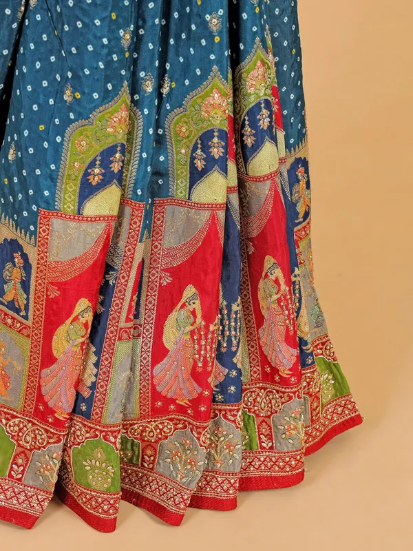Rama blue saree in cotton silk with contrast red border