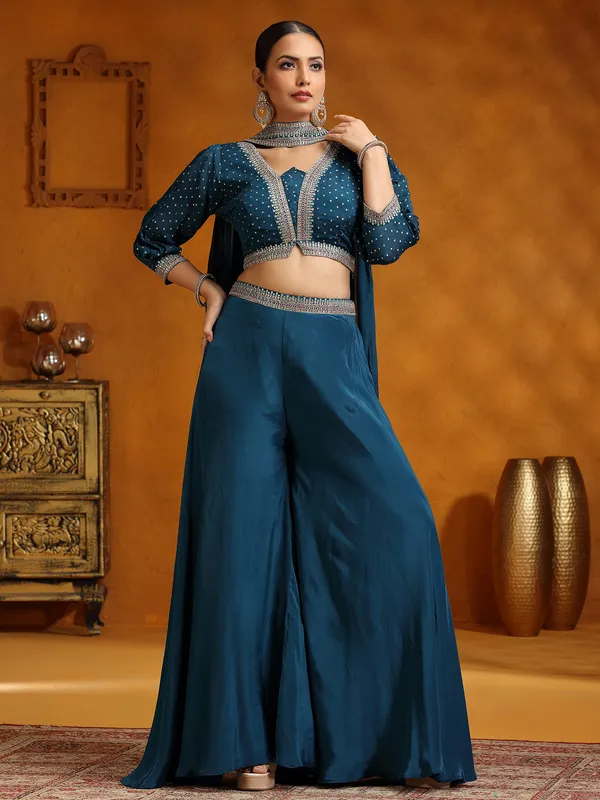 Rama blue satin silk palazzo suit with dupatta