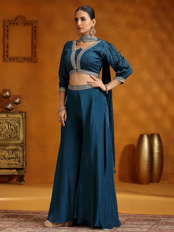 Rama blue satin silk palazzo suit with dupatta