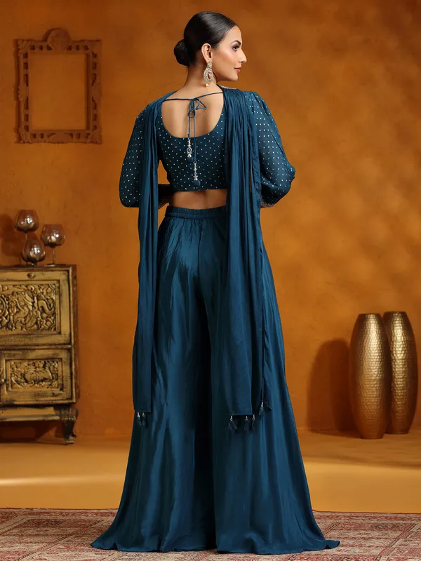 Rama blue satin silk palazzo suit with dupatta