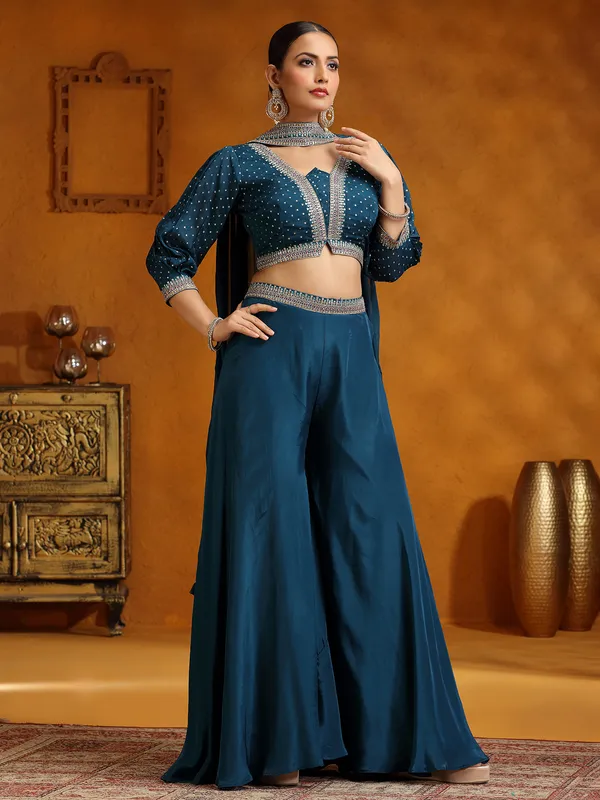 Rama blue satin silk palazzo suit with dupatta