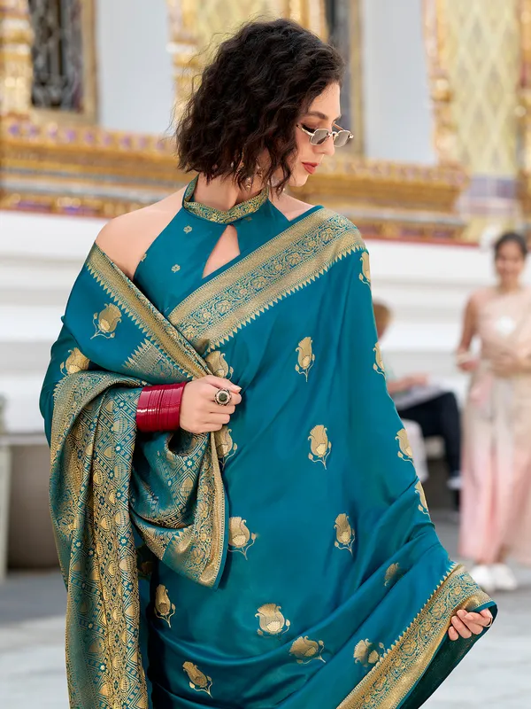 Rama blue satin silk saree with zari weaving