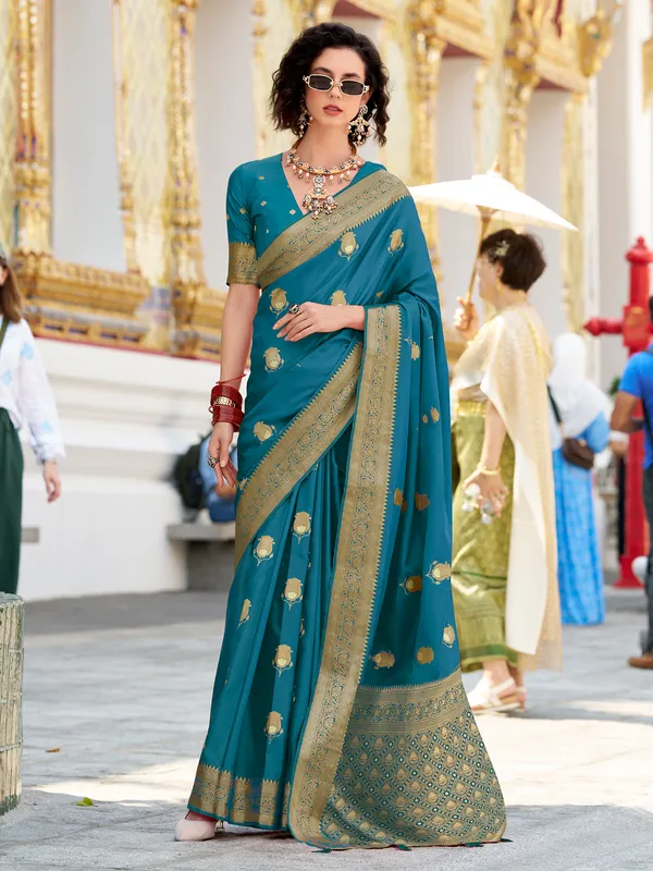 Rama blue satin silk saree with zari weaving