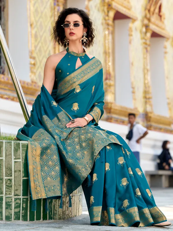 Rama blue satin silk saree with zari weaving