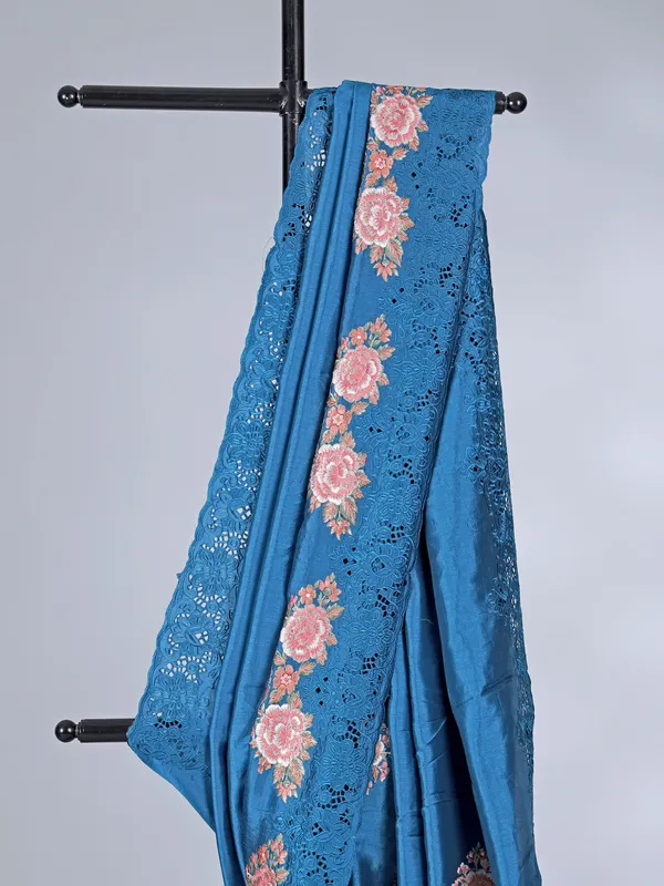 Rama blue semi silk saree with embroidery and cutwork