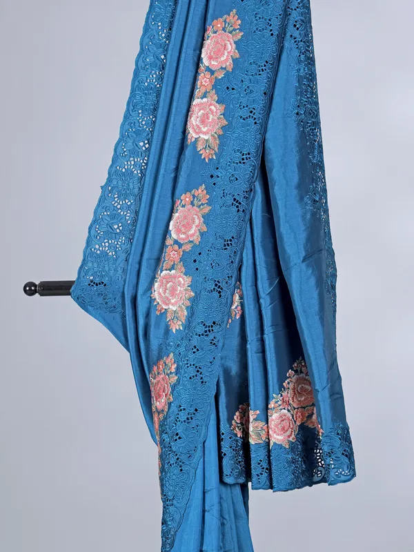 Rama blue semi silk saree with embroidery and cutwork