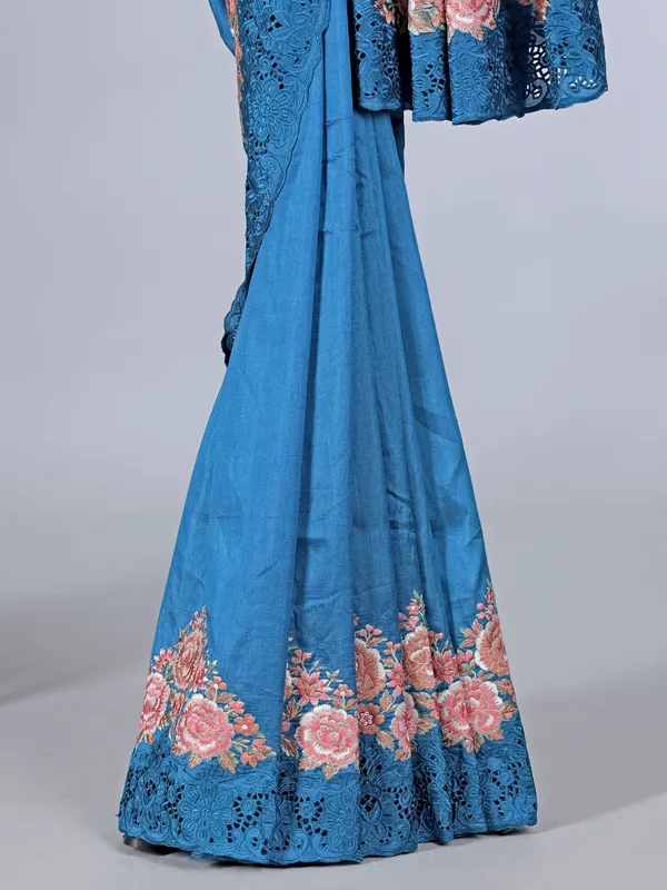 Rama blue semi silk saree with embroidery and cutwork
