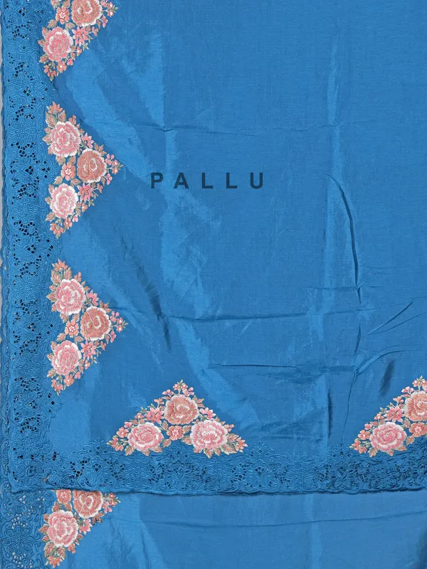 Rama blue semi silk saree with embroidery and cutwork