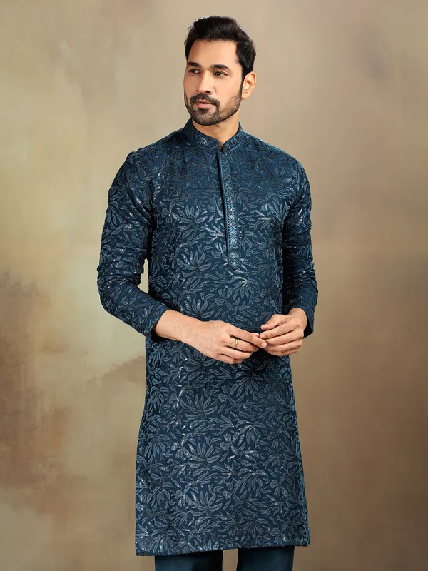 Rama blue sequined silk kurta pant set