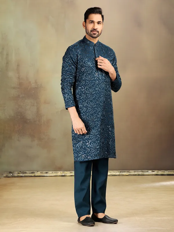 Rama blue sequined silk kurta pant set