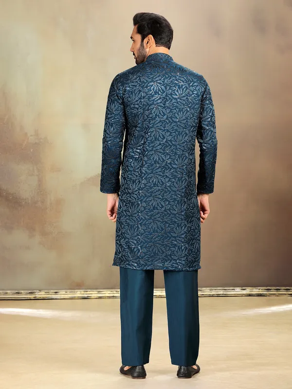 Rama blue sequined silk kurta pant set