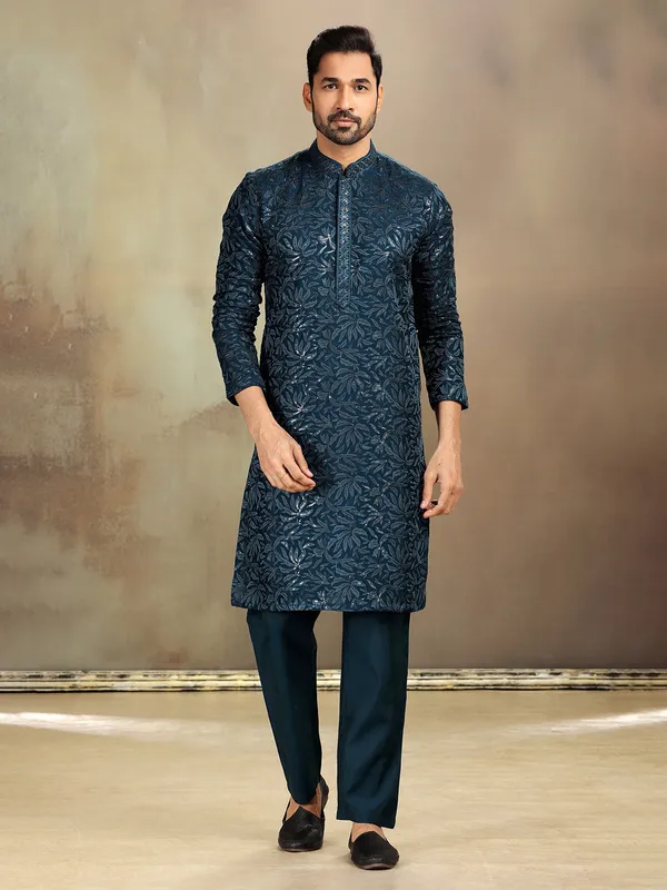 Rama blue sequined silk kurta pant set