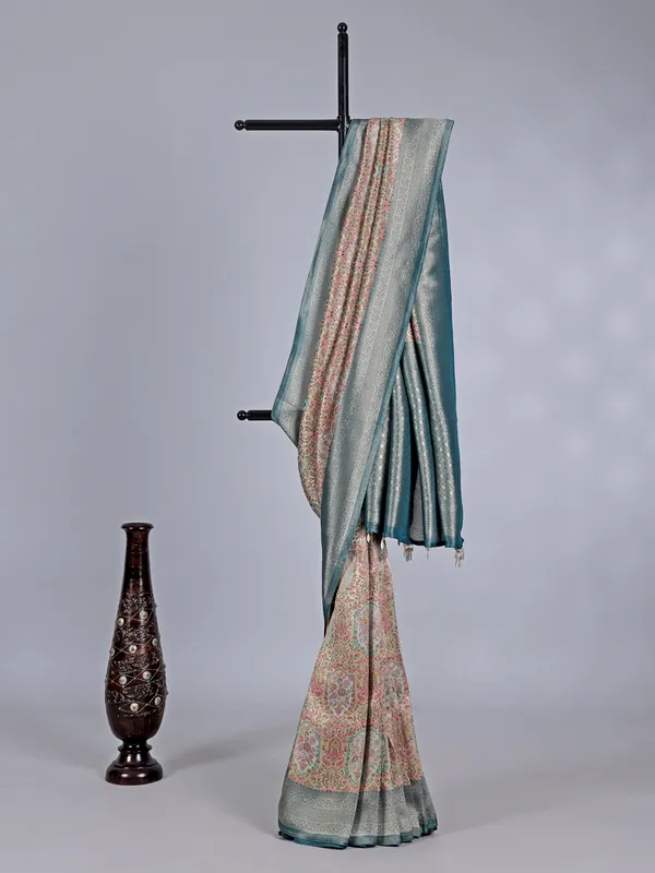 Rama blue shimmer dola silk saree with floral detailing