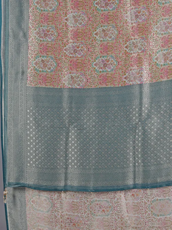 Rama blue shimmer dola silk saree with floral detailing