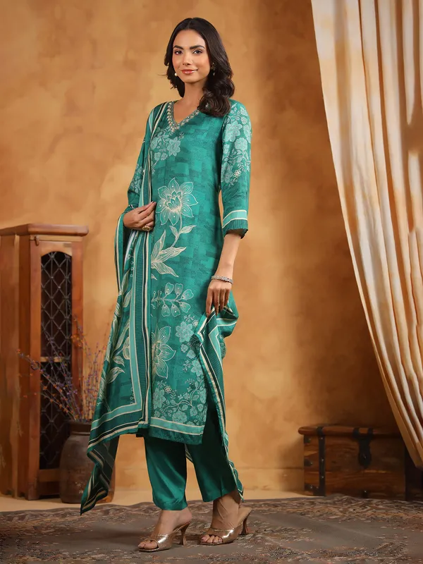 Rama blue shine printed kurti with dupatta