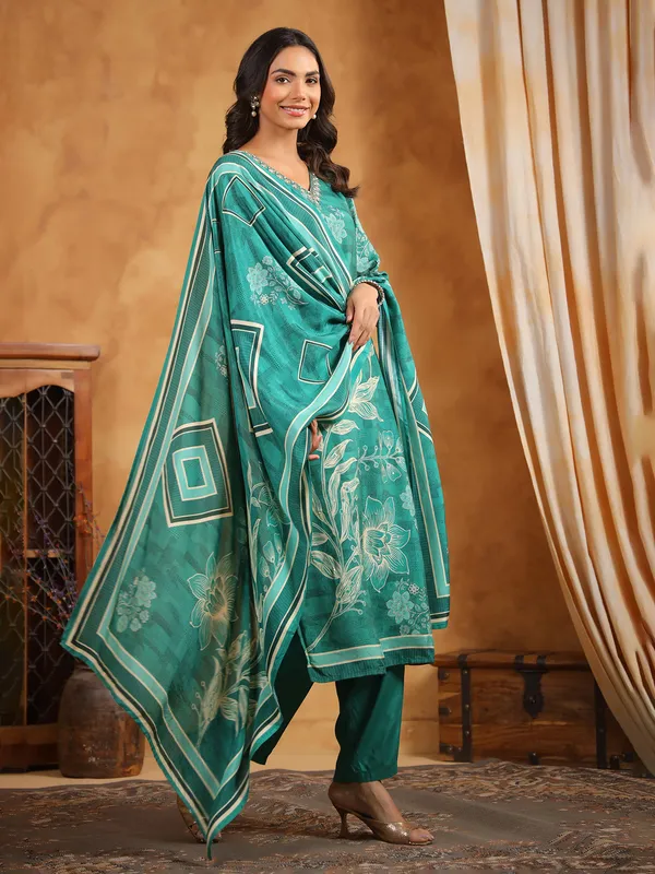 Rama blue shine printed kurti with dupatta