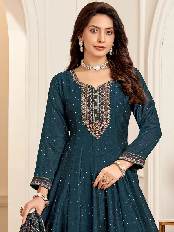 Rama blue silk anarkali suit with dupatta