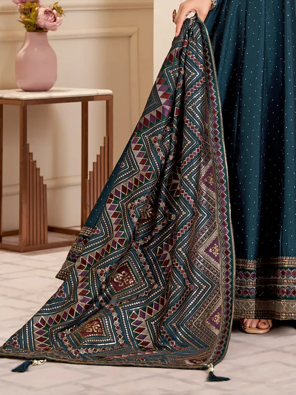Rama blue silk anarkali suit with dupatta