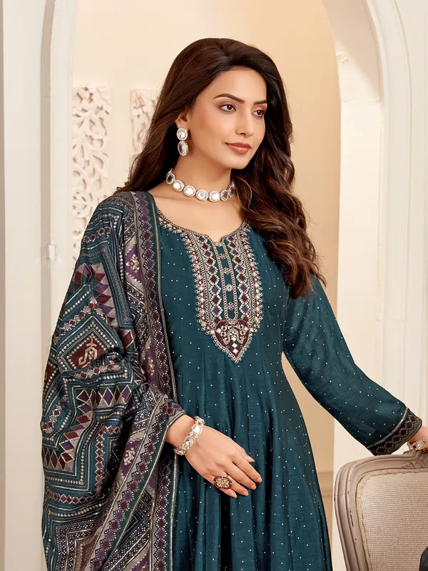 Rama blue silk anarkali suit with dupatta