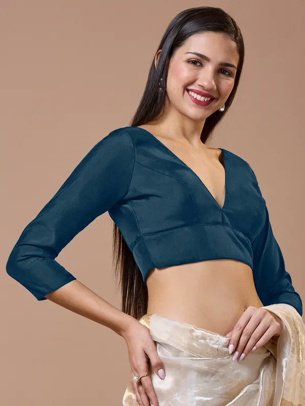 Rama blue silk blouse with V neck