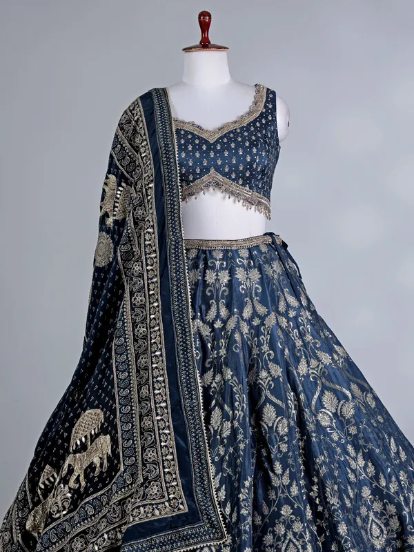 Rama blue silk bridal lehenga choli with pearls work