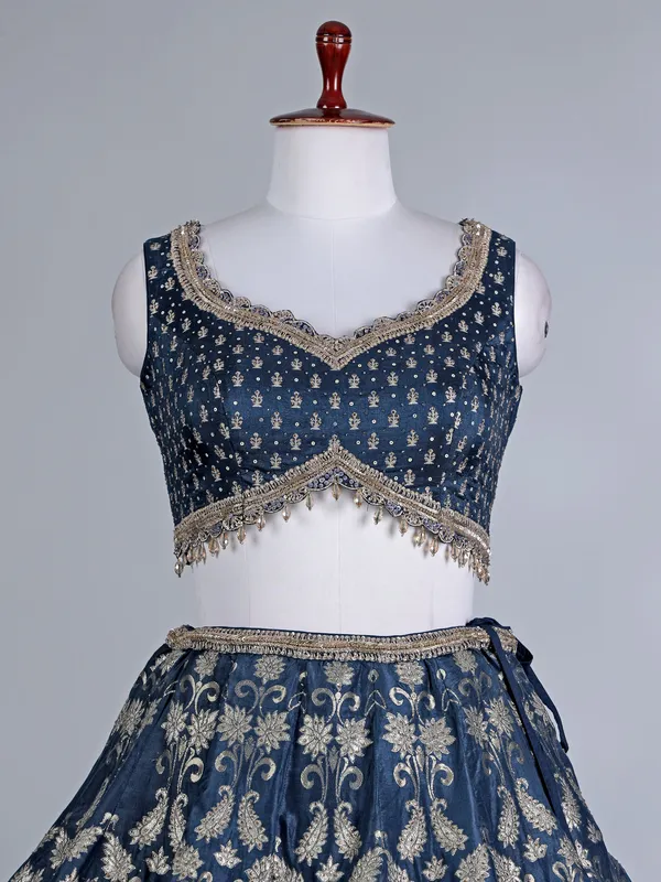 Rama blue silk bridal lehenga choli with pearls work