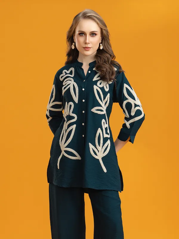 Rama blue silk co-ord set with embroidery