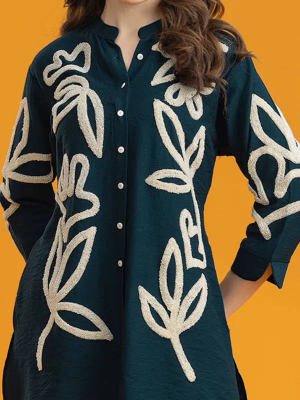 Rama blue silk co-ord set with embroidery
