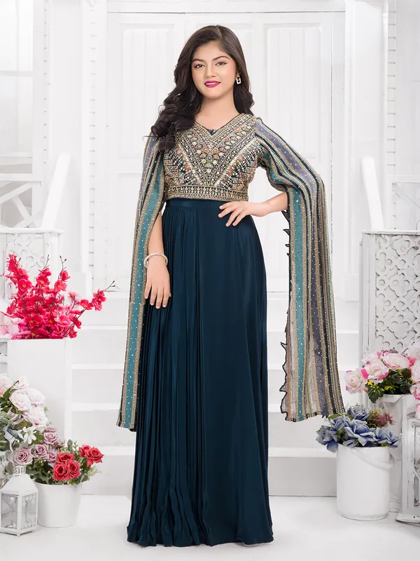 Rama blue silk embroidered designer suit