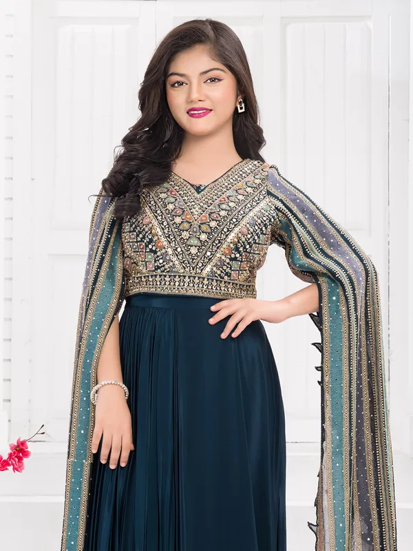 Rama blue silk embroidered designer suit