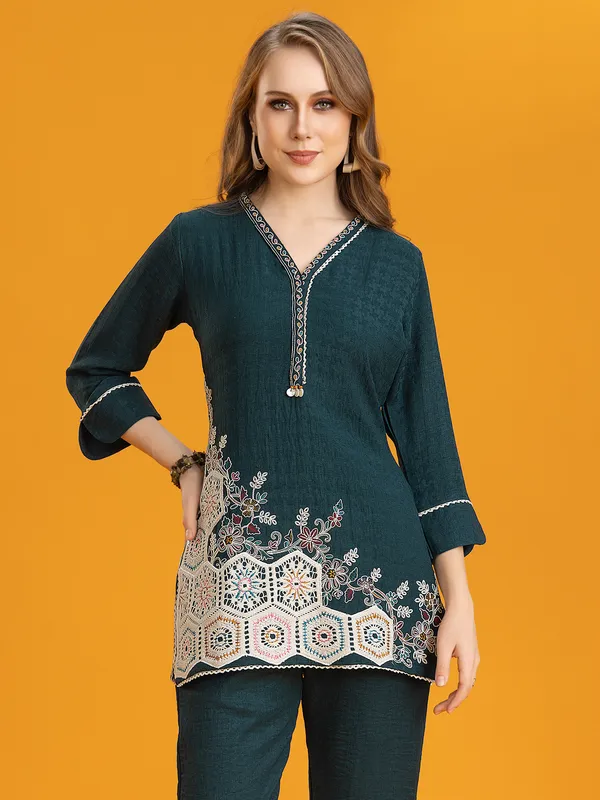 Rama blue silk embroidered pant co-ord set