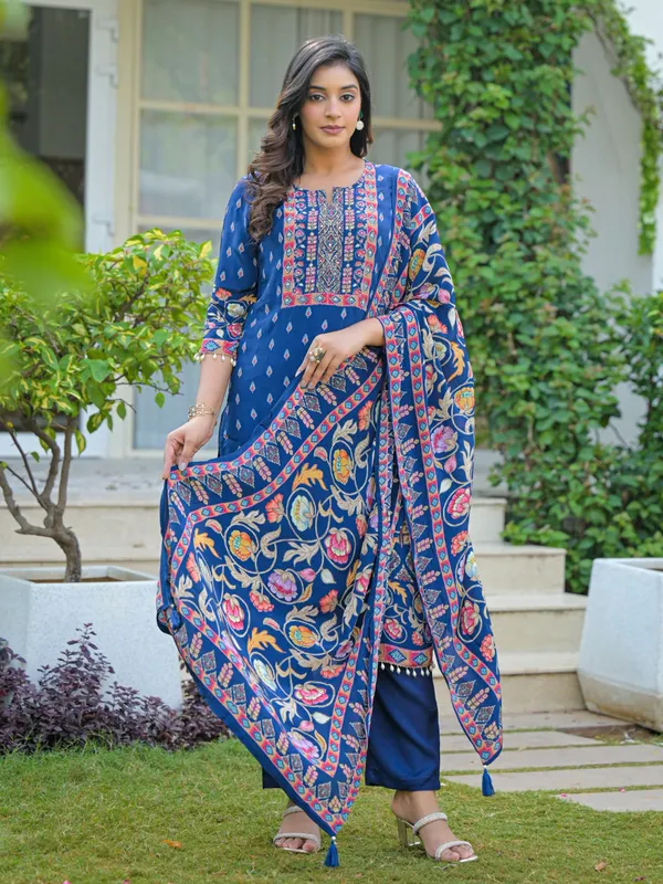 Rama blue silk festive wear kurti set