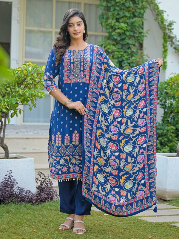 Rama blue silk festive wear kurti set