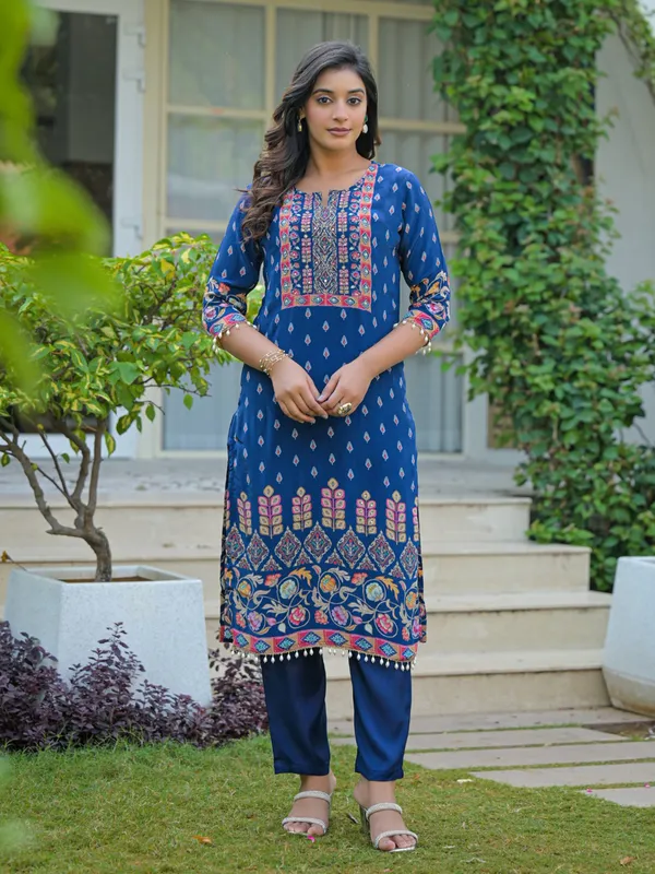 Rama blue silk festive wear kurti set