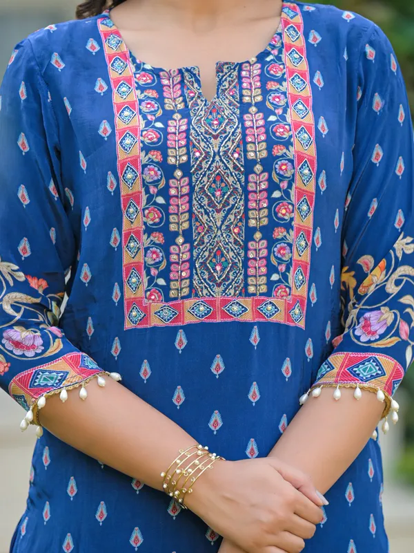 Rama blue silk festive wear kurti set