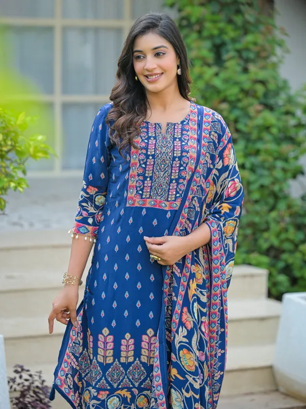 Rama blue silk festive wear kurti set