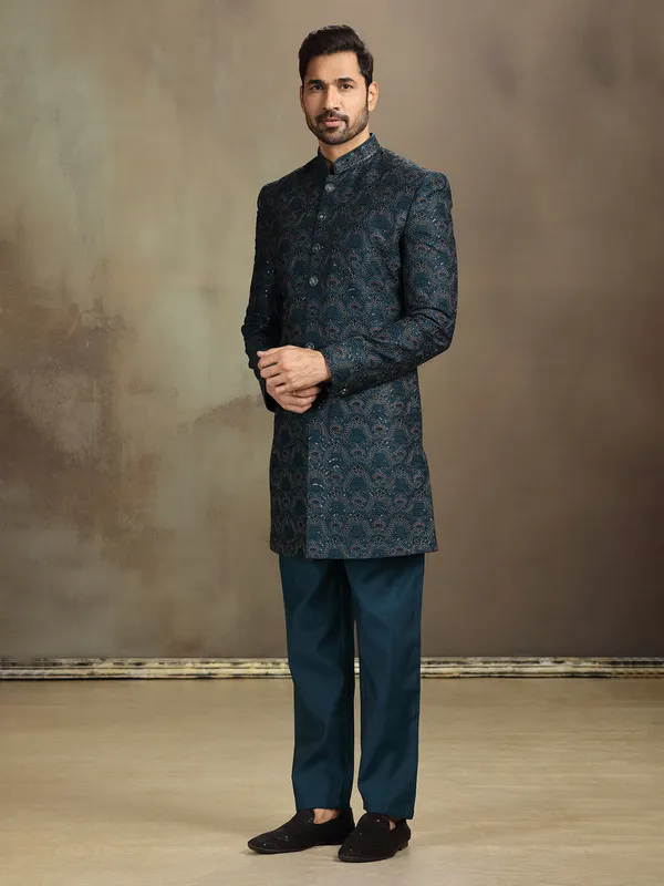 Rama blue silk heavily worked indo western