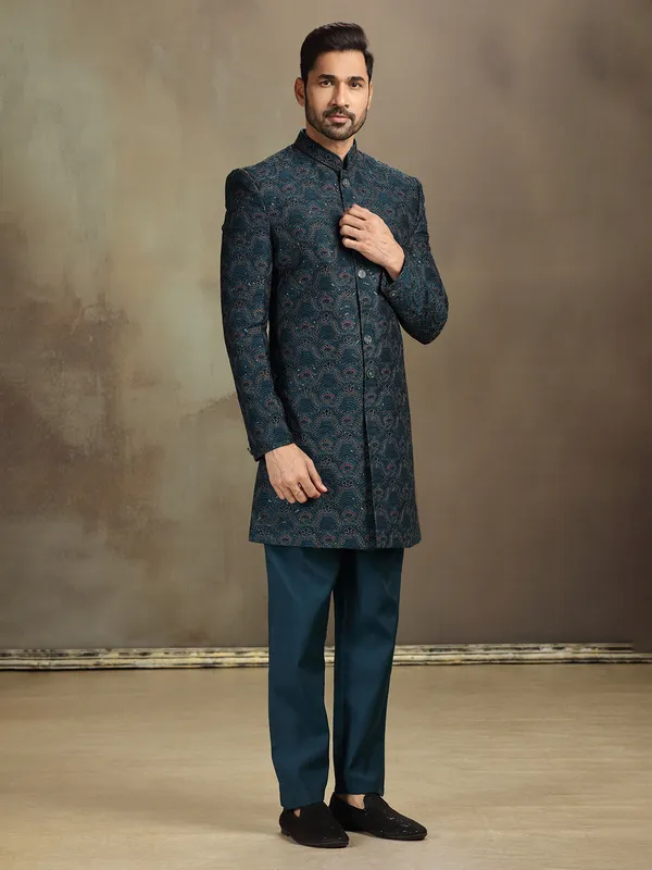 Rama blue silk heavily worked indo western