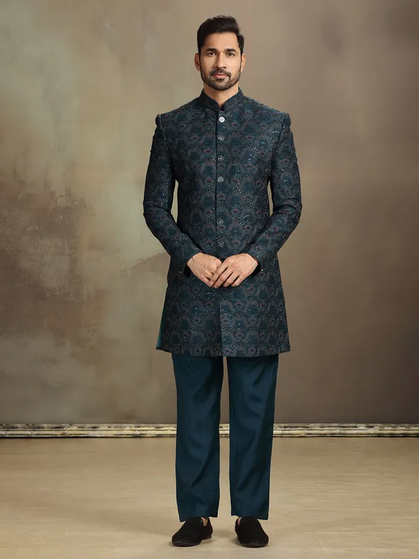 Rama blue silk heavily worked indo western