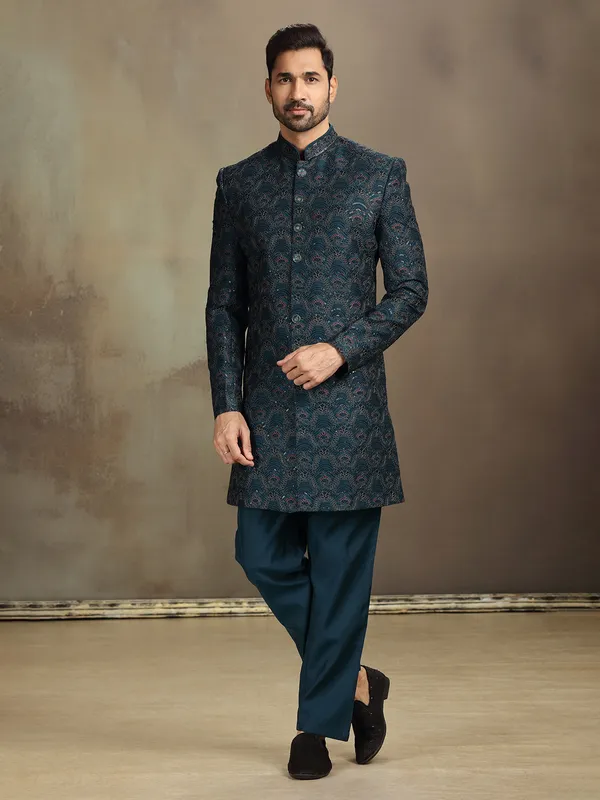 Rama blue silk heavily worked indo western