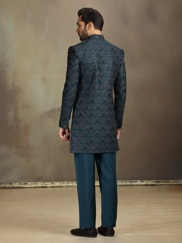Rama blue silk heavily worked indo western