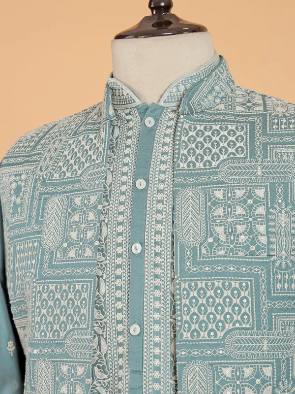 Rama blue silk jacket style waistcoat set for men