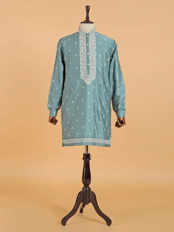 Rama blue silk jacket style waistcoat set for men