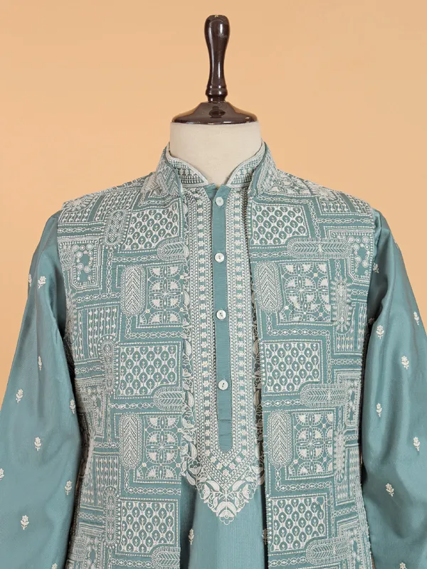 Rama blue silk jacket style waistcoat set for men