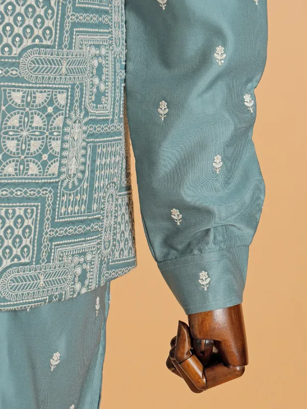 Rama blue silk jacket style waistcoat set for men