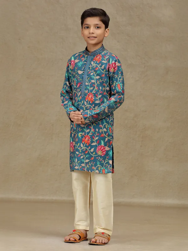Rama blue silk kurta suit with print for boys